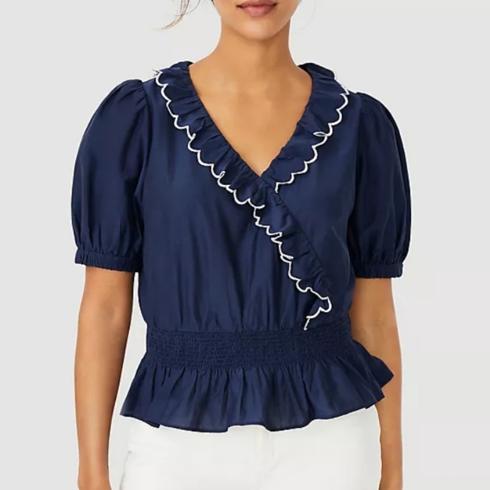 NEW! ANN TAYLOR Navy Short Sleeve Crossover V-neck Smocked Peplum Top Blouse S.
